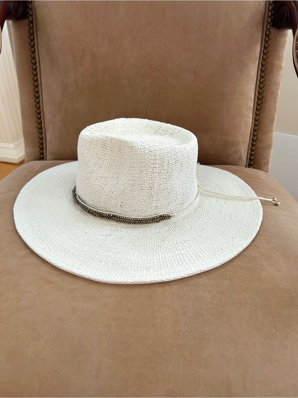 Free People Monte Carlo Wide Brim Beaded Hatband Ivory White Hat OS - Picture 3 of 9